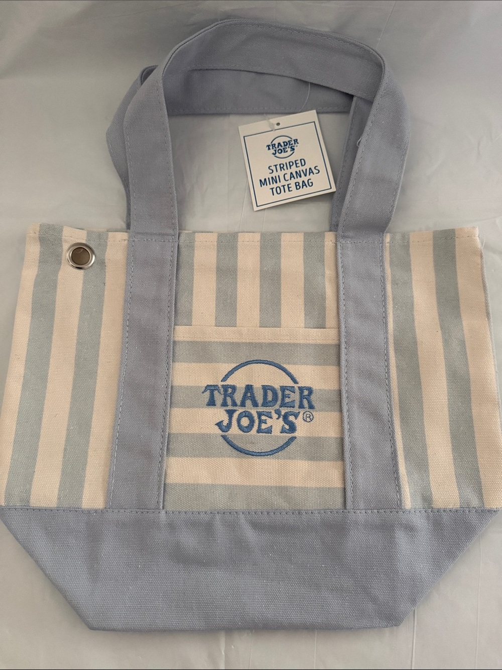 Trader Joe's Striped Mini Canvas Tote Bag w/charm grommet - Blue & Cream